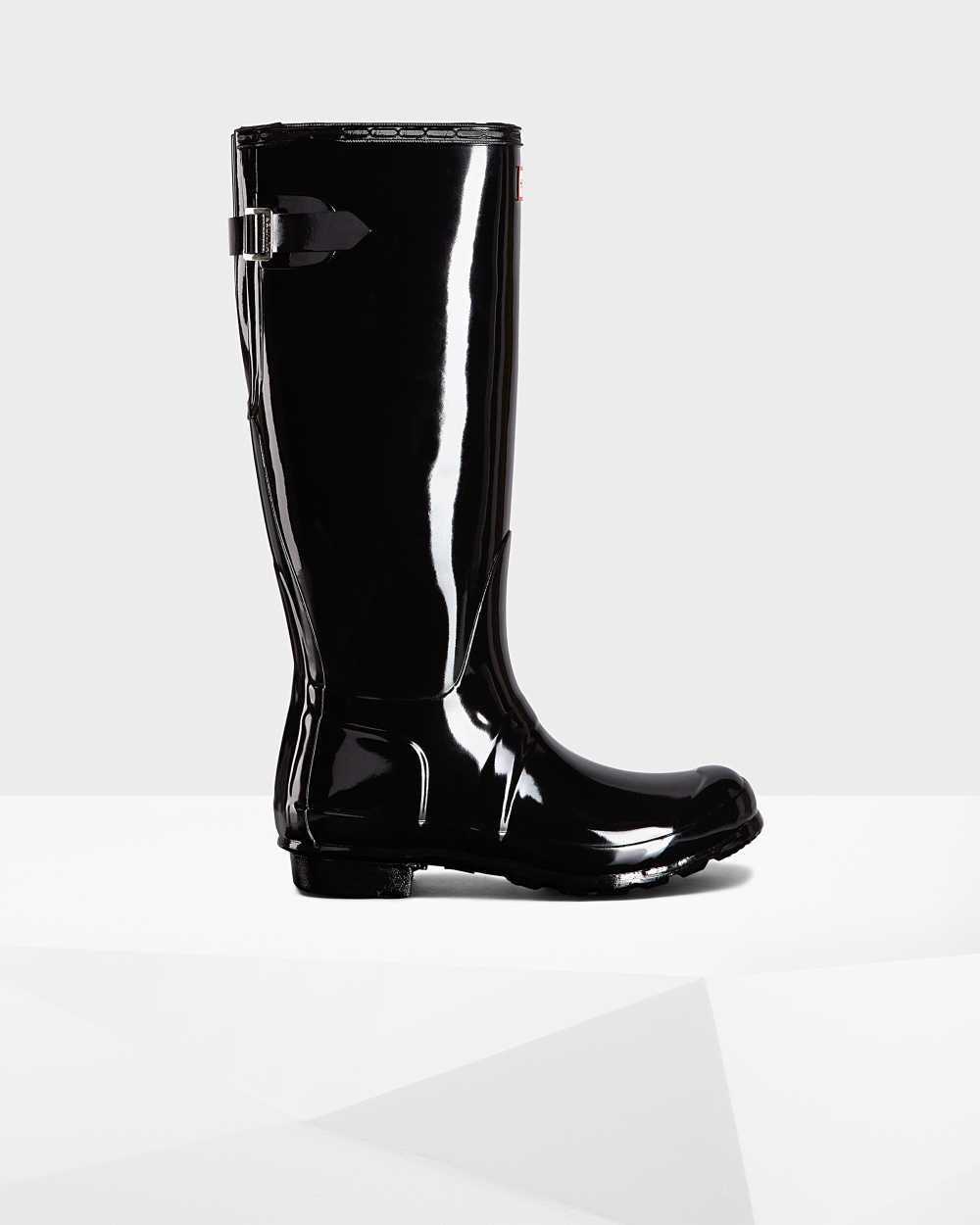 Hunter Original Tall Back Adjustable Gloss Women's Rain Boots NZ-56874J Black